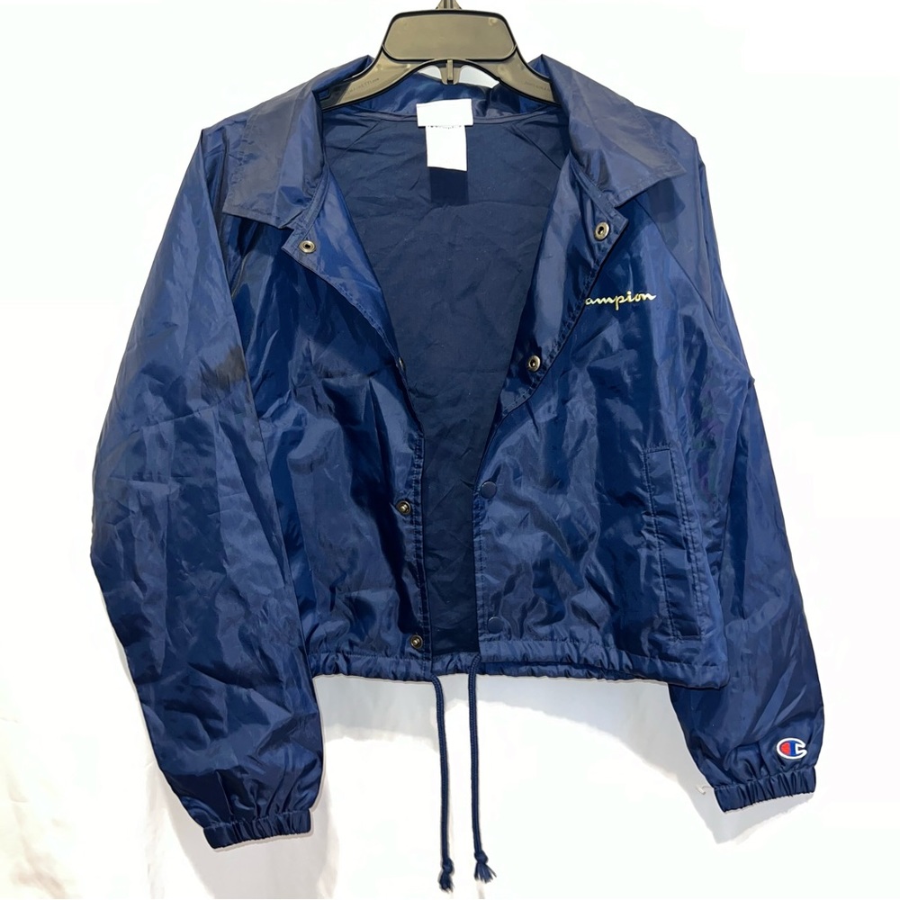 Champion Navy Blue Button Up Coaches Cropped Jacket Multi Logo - Picture 12 of 13
